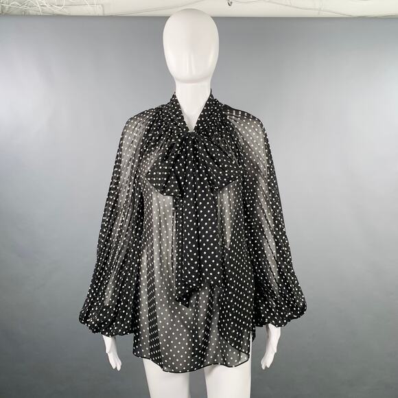 PRABAL GURUNG Size 2 Black White Polyester Polka Dot Bow Blouse - Picture 1 of 7